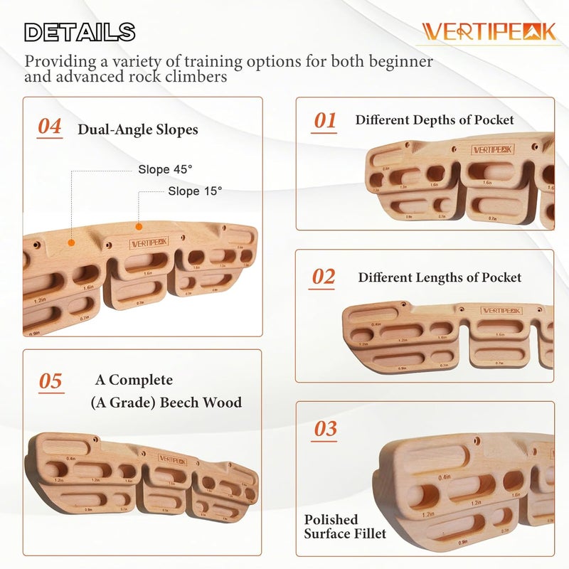 VERTIPEAK Store Wooden Climbing Hangboard with 2 Angle Slopes (15° & 45°) & 5 Depths Pockets, Rock Climbing Board for Finger Strength, Hanging Practice, Grip Endurance and Pull-up Training Indoor - Image 3